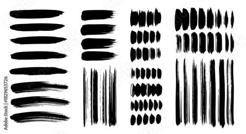 Collection of various black brush stroke patterns and textures, perfect for design and artistic projects