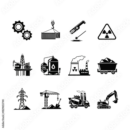 Set of industrial icons including machinery, construction, and hazardous symbols isolated on