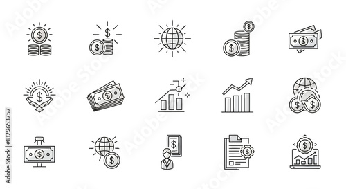 Set of icons representing various financial and business concepts such as money, investment, growth, and banking
