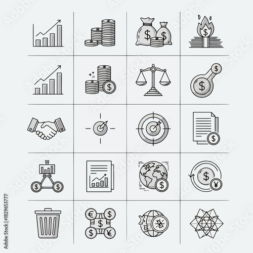 Set of icons representing finance, business, and economic concepts such as growth, investment, and transactions