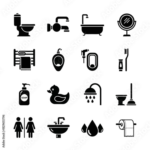 Set of bathroom icons including toilet, bathtub, sink, shower, and cleaning tools on