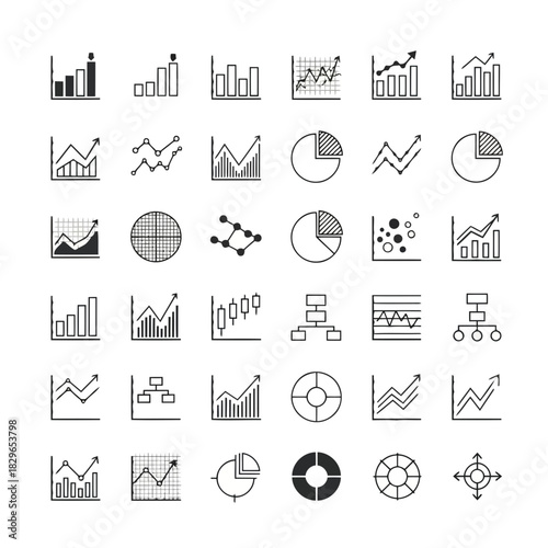Collection of various business and financial icons including charts, graphs, and diagrams