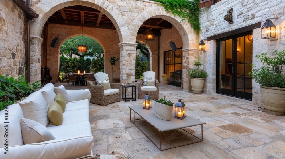 Fototapeta premium Elegant Outdoor Patio with Comfortable Seating, Lanterns, and Natural Surroundings for Relaxation and Gathering