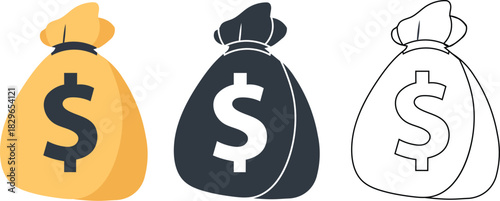 dollar money bags icons set with currency symbols in multiple color variations for financial design