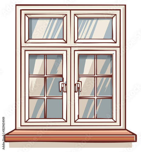 Classic white house window with a wooden windowsill cartoon vector illustration