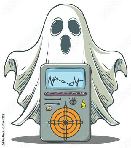 Ghostly Figure Holding Electronic Device Displaying Data Readings Digital Illustration