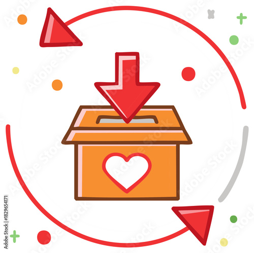 Donation box with heart and arrows in circular motion charity and recycling concept