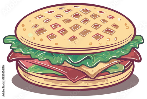 Sandwich with Ham, Cheese, and Lettuce: Cartoon-Style Food Illustration