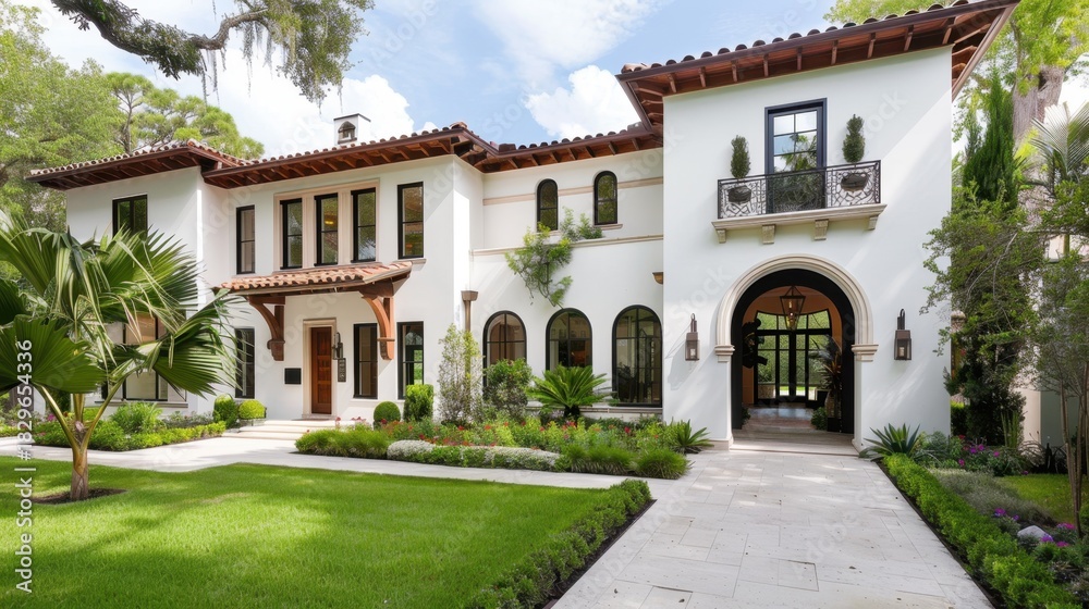 Naklejka premium Elegant Mediterranean Style House with Lush Landscaping and Inviting Entrance in Bright Sunlight