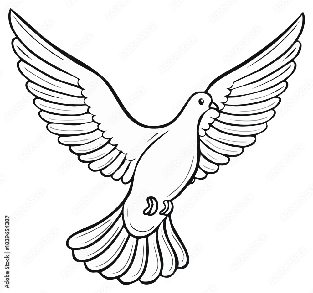 Obraz premium Dove with outstretched wings. Bird with open wings flying. Outline illustration of a flying pigeon.