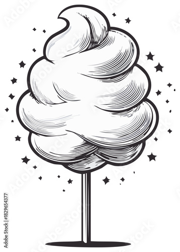 Fluffy cotton candy on a stick with sparkling stars vector illustration in a retro engraving style