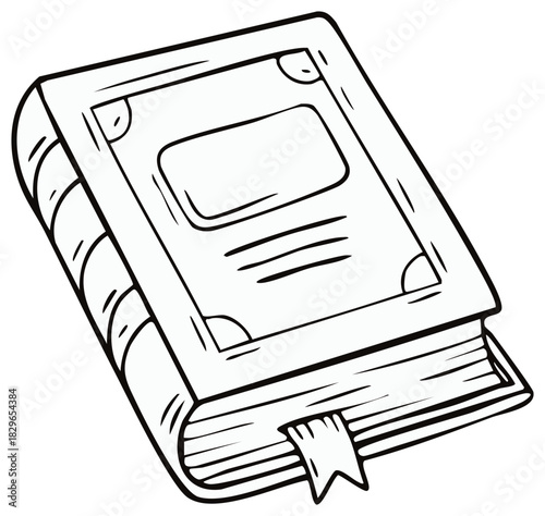 Hand drawn cartoon illustration of an old vintage hardcover book with a bookmark for coloring