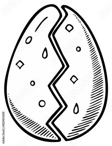 Stylized black and white drawing of a cracked egg, featuring a jagged break and small decorative elements