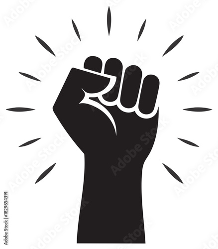 Raised Fist Symbol of Power and Solidarity, a Black Vector Illustration Against Injustice with Rays of Light Signifying Strength