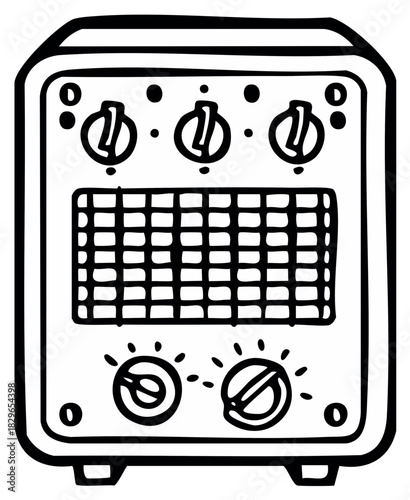 Hand Drawn Illustration of a Vintage Guitar Amplifier with Knobs and Speaker Grill