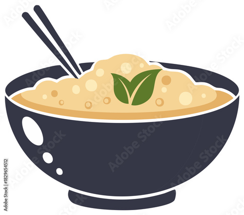 Bowl of Asian Rice Porridge with Chopsticks and Leaf Garnish Icon