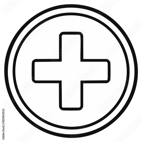 Clean graphic symbol of a medical cross within a circular border representing health and care