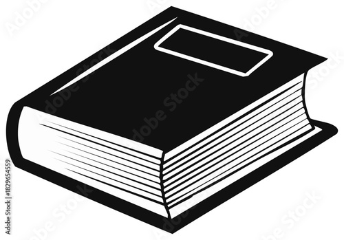 Illustration of a closed black book with white pages, a label, and thick cover for educational or storytelling concepts