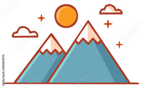Stylized Mountain Peaks Under a Sunny Sky with Clouds and Stars