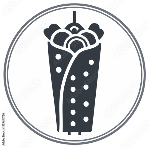 Illustration of a tasty looking food wrap or kebab within a circular border