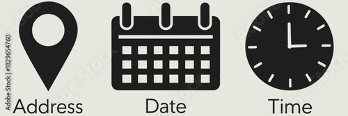 Time, date and address icon isolated set, event elements collection, including calendar, address location pointer, alarm bell, isolated vector illustration,