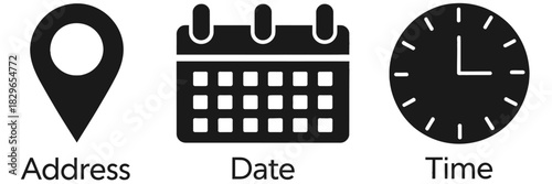 Time date and address icons, isolated set for event planning, including calendar, address location marker, alarm bell, vector illustration, eps 10 file format.