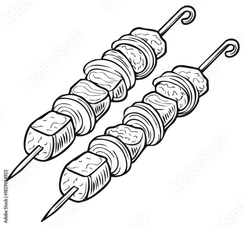Black and white illustration of two kebabs on skewers.