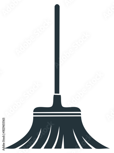 Simple Dark Blue Broom Icon with Long Handle and Fanned Bristles