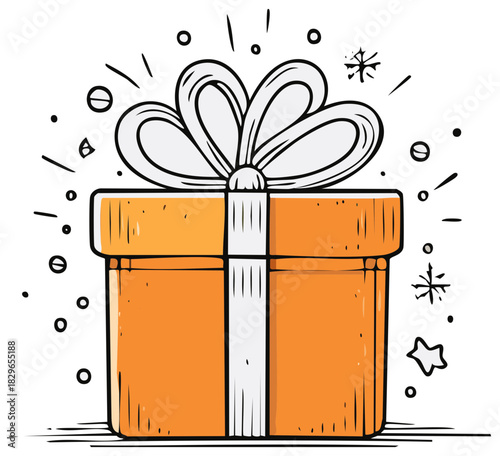 Orange Gift Box with White Ribbon and Bow Present Cartoon Illustration