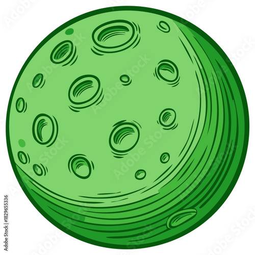 Vibrant green cartoon alien planet or moon with numerous impact craters