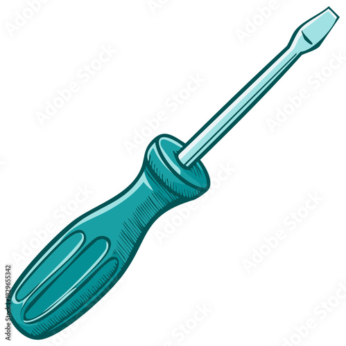Teal cartoon illustration of a flathead screwdriver hand tool in sketch style