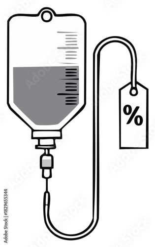 Infusion bag with drip and percentage tag, representing medical cost or discount