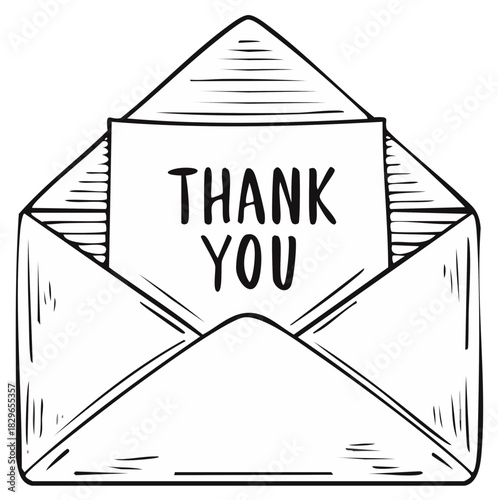 Thank You card inside open envelope with hand-drawn style