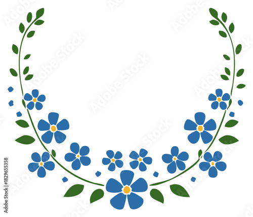 Delicate blue floral border with green leaves and stems forming a decorative arc