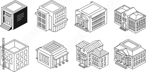 Isometric public buildings illustration, institutional architecture, government structures, museum design, school facade, urban planning, educational infrastructure, civic landmarks, architectural 