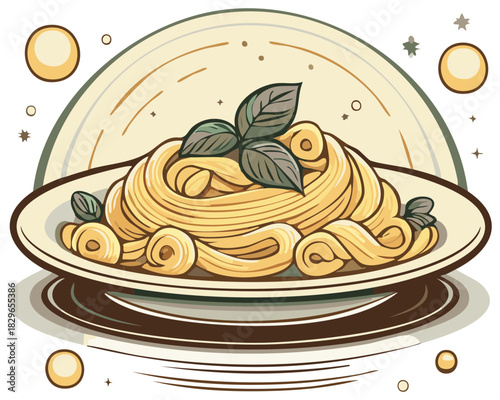 Delicious classic Italian spaghetti pasta with fresh basil leaves illustration