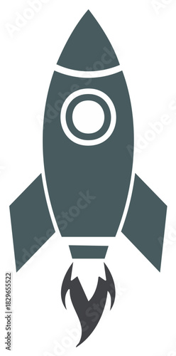 Retro rocket ship launching with fire exhaust and window graphic