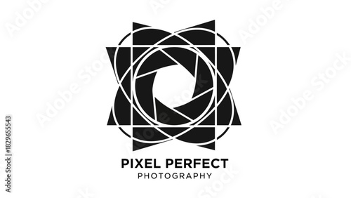 Black and white logo design featuring a camera aperture and geometric shapes.