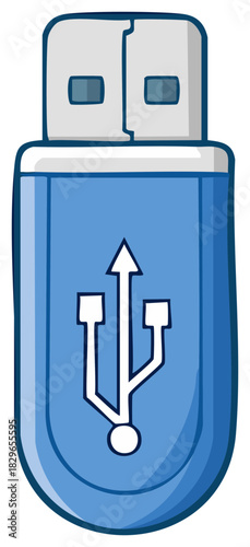 Blue and white USB drive vector cartoon illustration on white background