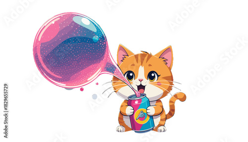 A whimsical orange tabby kitten sips a drink from a can, blowing a giant, sparkling cosmic bubble in a cute cartoon illustration