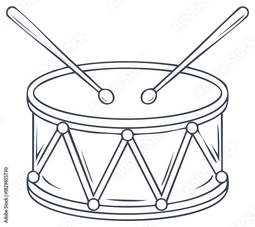 Illustration of a Toy Drum with Drumsticks, Outline Style for Children, Decorative Musical Percussion Instrument