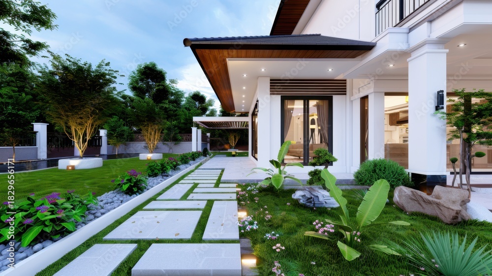 Fototapeta premium Serene Modern Garden Landscape Design with Pathway and Elegant Architecture in Daylight