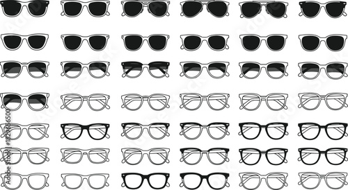Collection of fashionable eyeglasses and sunglasses silhouettes featuring various frame shapes, stylish eyewear designs, optical accessories and trendy glasses icons for modern graphic projects