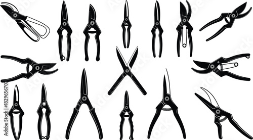 Collection of vector silhouette icons featuring various gardening shears, secateurs, and pruning tools, representing horticulture, landscaping, sharp instruments, gardening equipment