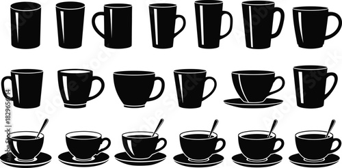 Collection of vector silhouette icons featuring various coffee and tea cups, mugs, and saucers, filled with hot beverages, representing breakfast, cafe, break time, and dining crockery set on white.