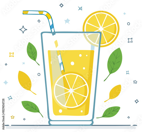 Vibrant illustration of a refreshing glass of lemonade with lemon slices and leaves