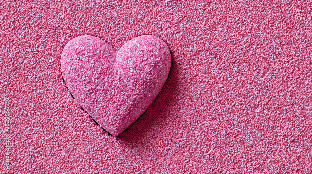 Fototapeta premium Pink heart on textured pink wall background with sandstone surface, copy space for happy Valentine’s Day celebration, flat lay romantic concept for love, holiday greeting card and simple decorative de