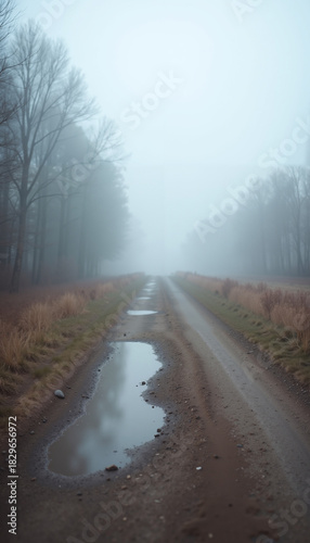 Foggy rural road with puddles and trees on a chilly morning  