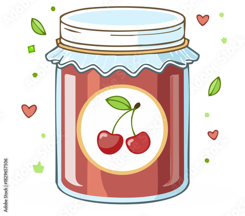 Charming jar of cherry jam with a playful label and decorative elements