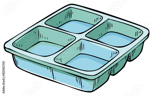 Colorful cartoon illustration of a four compartment ice cube tray filled with clear water